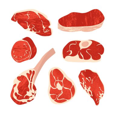 Çiğ biftek kesimi. Kasap eti ürünleri, düz sığır filetosu fileto biftekleri, Angus mermer fileto, sağlıklı protein yiyecekler. Vektör izole edildi.