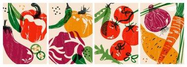 Taze sebze. Sağlıklı beslenme için organik doğal gıda ürünleri, restoran menüsü için vejetaryen gıda örtüleri veya çiftlik pazarı. Vektör çizgi filmi izole edilmiş koleksiyon.