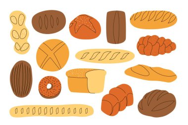 Çizgi film ekmek seti. Taze fırın ürünleri, dilimlenmiş somun ekmekli ciabatta, ekşi üzümlü çavdar ekmeği, sağlıklı organik hamur tatlısı. Vektör daire koleksiyonu.