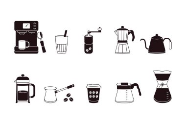 Kahve dükkanı elemanları. Çizgi film kahve makinesi, fincan, demlik ve öğütücü, kahve yapmak için el yapımı ekipman, kafe menüsü tasarımı. Vektör izole edildi.