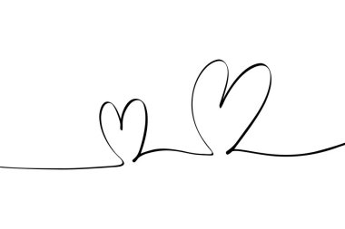 Bir aralıksız çizgi iki kalp çizimi. Sevgililer Günü tebrik kartı için soyut romantik aşk sembolü, çizgisel ince kalpler çizimi. Vektör illüstrasyonu.