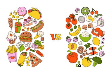 Sağlıklı ve sağlıksız yiyecekler. Fast food ve tatlı atıştırmalıklar, meyve ve sebzelerle dengeli yemeğe karşı sağlıklı ürünler ve kötü abur cuburlar arasında seçim. Vektör çizgi film illüstrasyonu