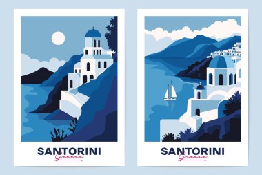 Santorini Yunan posterleri. Geleneksel Yunan soyut seyahat afişleri, geleneksel Yunanistan Akdeniz mimarisi, yaz tatili turizmi konsepti. Vektör düz kümesi.
