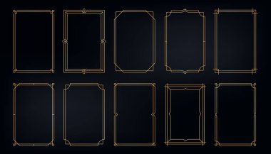 Basit altın çerçeveler. Düğün davetiyesi için ince lüks altın sınırlar, modern geometrik sanat deco çerçeve elementleri. Vektör zarif kümesi.