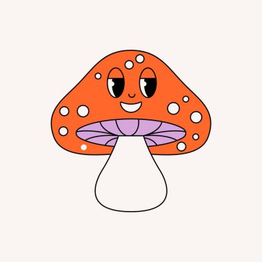 Harika bir mantar. Psikedelik mantar mantarı gözleri olan karakter hippi sinek mantar çıkartması, asit tripli bohem sihirli mantar elementi. Vektör illüstrasyonu.