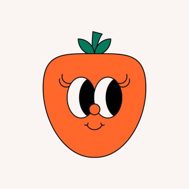 Elma çıkartması harika. Çizgi film elması funky çizgi karakter, sevimli pozitif retro 70 'ler tarzı gülen yüzlü eleman. Vektör izole illüstrasyonu.