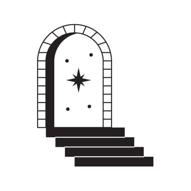 Minimal sürreal kemer. Merdiven ve basamaklı soyut kapı çerçevesi, modern geometrik boho ezoterik yıldız elementleri, kapı geçidi sonsuz evren kavramı. Vektör illüstrasyonu.