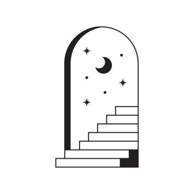 Asgari gerçeküstü kapılar. Merdiven ve basamaklı soyut geometrik çerçeve, modern boho ezoterik elementler, sonsuz evren kapısı kavramı. Vektör illüstrasyonu.