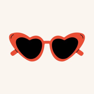 Çizgi film güneş gözlüğü. Kırmızı çerçeveli yazlık güneş gözlükleri, kalp şeklinde lensler, şık gözlük aksesuarları, plaj retro gözlükleri güneş koruması. Vektör illüstrasyonu.