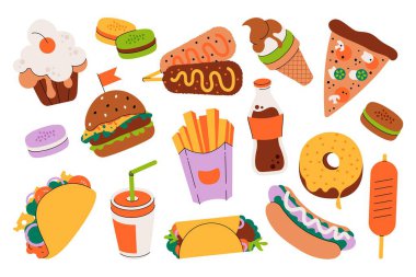 Sağlıksız abur cubur. Hamburger sosisli tako ve soda ile fast food, sokak restoranı menüsü için çizgi film düz fast food ürünleri. Vektör izole edildi.