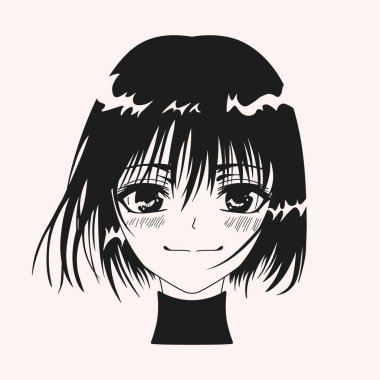 Anime kızı. Manga kadın karakteri, komik kawaii Japon büyük gözleri ve gülümseyen anime tarzı, şirin manga portresi. Vektör izole illüstrasyonu.