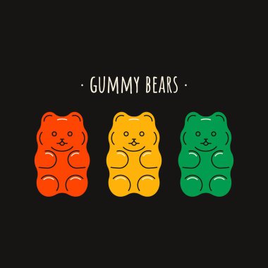 Jelibon. Tatlı oyuncak ayı jöle şekerlemeleri, renkli çocuklar tatlı çiğneyen tatlı tatlı tatlı tatlı jelatin tatlı çerezler oyuncak ayı şekilli meyve tatları. Vektör çizgi film seti.