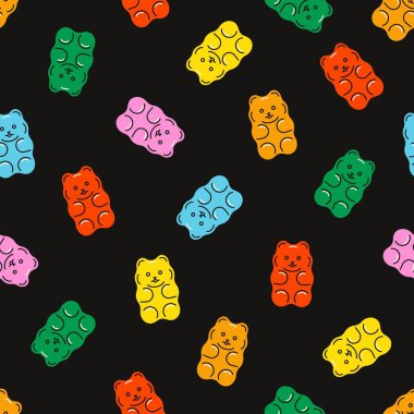 Jelibon kalıbı. Jöle pürüzsüz baskı, renkli tatlı jelatin şeker, çizgi filmlerdeki şirin çocuklar paketleme tasarımı için tatlı arka plan. Sonsuz vektör dokusu.