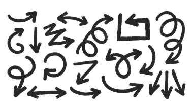 Kalem fırçası okları. Karalama kabataslak ok karalamaları, el çizimi işaretleri farklı yönlerdeki basit işaret işaretleri, kaba ok tasarım elementleri. Vektör ok seti.