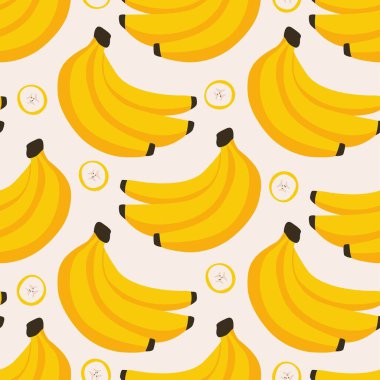 Muz deseni. Kusursuz meyve baskısı, bir demet muz ve muz dilimi, kağıt kumaş tasarımı için organik tropikal gıda soyut arka planı. Vektör dokusu.