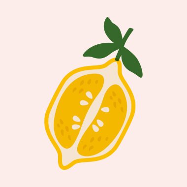 Yarı limon ikonu. Soyut turunçgil meyvesi ikiye bölünmüş, olgunlaşmış sarı organik gıda düz stil, taze limonata malzemesi. Çizgi film vektörü limon illüstrasyonu.