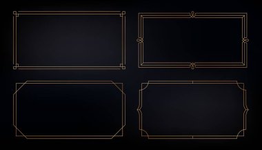 Altın sanat deco çerçeveleri. Dekoratif geometrik unsurları olan klasik zarif sınırlar, altın retro düğün davetiyesi tasarımı. Vektör çerçeve koleksiyonu.