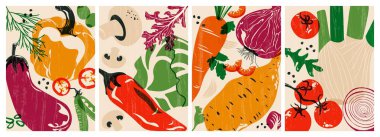 Sebze posterleri. Organik sebzeler, sağlıklı beslenme için taze doğal tarım ürünleri, vejetaryen restoran menüsü için domates biberli soğan, risograf kapakları. Vektör çizgi film seti.