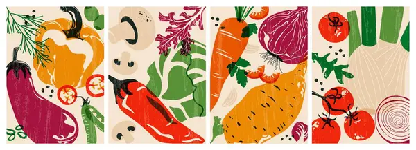 Sebze posterleri. Organik sebzeler, sağlıklı beslenme için taze doğal tarım ürünleri, vejetaryen restoran menüsü için domates biberli soğan, risograf kapakları. Vektör çizgi film seti.