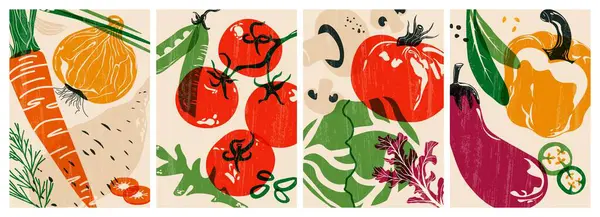 Taze sebze posterleri. Organik sebzeler sağlıklı beslenme için doğal gıda çiftliği ürünleri, domates biberli soğan yeşillikleri vejetaryen restoran menüsü için risograf kapakları. Vektör çizgi film seti.