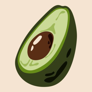 Avokado ikonu. Olgun yeşil meyve ikiye bölünmüş, çukurlu bir parça avokado, egzotik tropikal organik vejetaryen malzeme, sağlıklı beslenme gıdası. Vektör avokado illüstrasyonu.