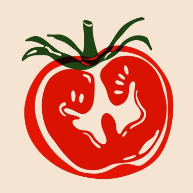 Kırmızı domates. Domatesin yarısı yeşil yapraklı, soyut dilimlenmiş taze sebze benekli risograf etkisi, organik vejetaryen gıda ürünü. Vektör izole illüstrasyonu .