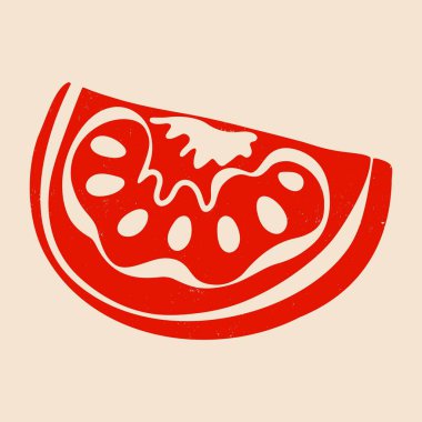 Kırmızı domates dilimi. Olgun domates dilimlenmiş tohumlar, soyut taze sebze, modern risograf etkisi, organik vejetaryen gıda ürünü. Vektör izole illüstrasyonu.