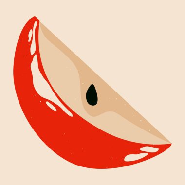 Elma dilimi. Tohumlu kırmızı meyve, karikatür taze organik bahçe yiyeceği, doğranmış tatlı elma parçası doğal sağlıklı diyet kavramı riso baskı etkisi. Vektör illüstrasyonu.