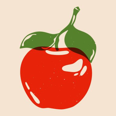 Elma meyvesi Riso baskı efektli kırmızı organik bahçe meyvesi, retro poster, kumaş, duvar kağıdı tasarımı için yapraklı şirin elma ve dal. Vektör elma illüstrasyonu.