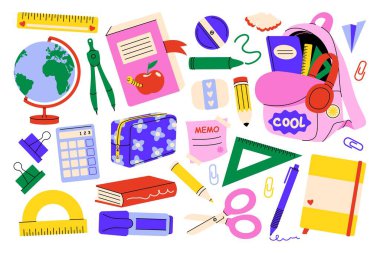 Okul malzemeleri. Not defteri, kalem kutusu, silgi, zımba, bileyicili çizgi film malzemesi, okumak için okula, okula ve üniversiteye geri dönmek için sevimli bir alet. Vektör seti.