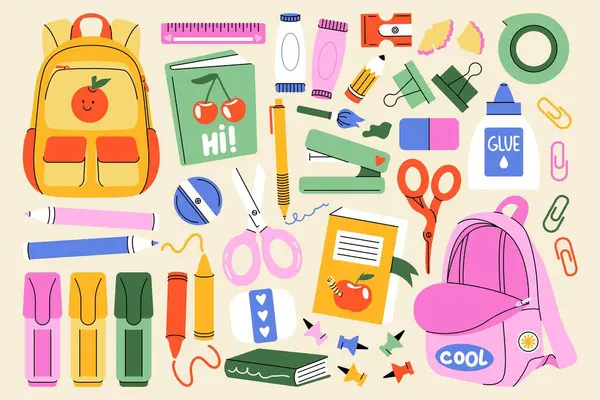 Okul malzemeleri. Not defteri silgi zımba zımbası ile çizgi film malzemesi. Okul, okul ve üniversite eğitimi için eğitim malzemeleri. Vektör seti.