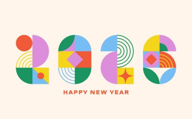 2026 yeni yıl tasarımı. Soyut renkli yeni yıl 2026 geometrik numaralar, yaratıcı tebrik kartı ve kartpostal şablonlu kutlama posteri. Vektör illüstrasyonu.