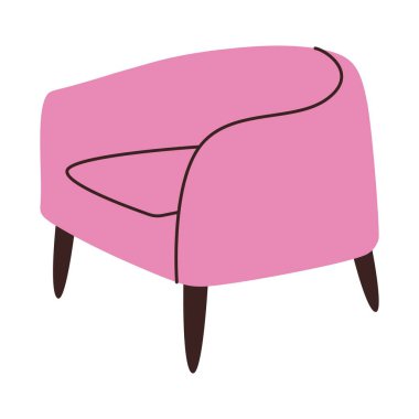 Rahat bir sandalye. Şık döşemeleri, tahta bacakları, modern minimalist İskandinav salon mobilyaları olan rahat bir koltuk. Vektör düz resimleme.
