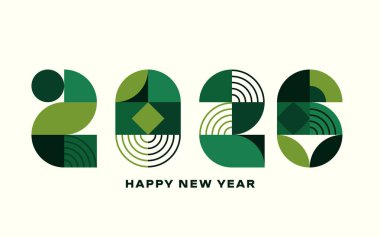 2026 yeni yıl tebrik kartı tasarımı. Soyut geometrik mutlu yıl 2026 kutlama posteri yeşil numaralar, yaratıcı kartpostal şablonu. Vektör illüstrasyonu.