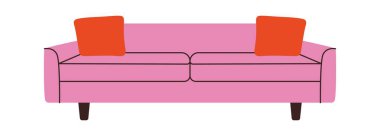 Çağdaş kanepe. Rahat modern kanepe şık döşenmiş mobilyalar, modaya uygun ev dekorasyonu düz çizgi film tarzı. Vektör izole illüstrasyonu.
