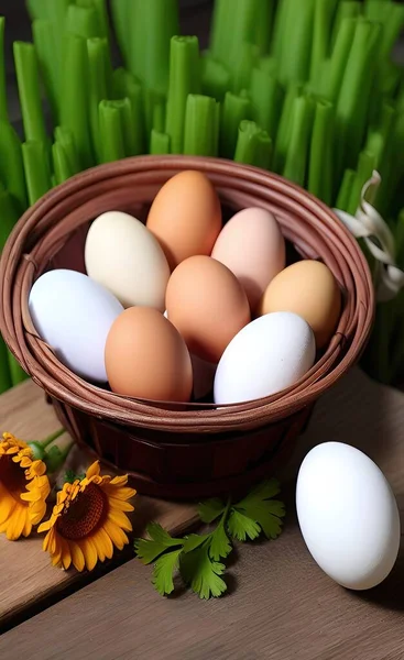 Basket of chicken eggs and duck eggs on a table.
