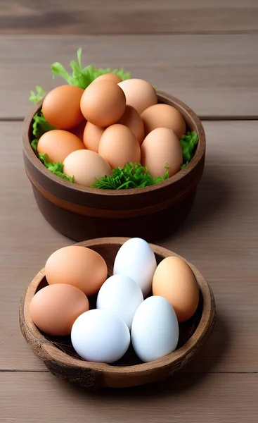 Basket of chicken eggs and duck eggs on a table.