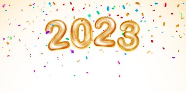 2023 numaralı altın folyo balonları ve parlak yılanbalığı parçalarıyla Noel arkaplanı. Posterler, el ilanları veya kartlar için vektör illüstrasyonu