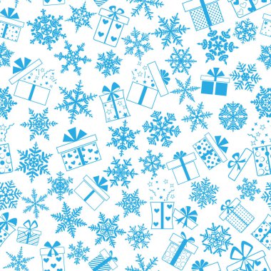 Karmaşık Noel kar tanelerinden yapılmış kusursuz desen ve farklı desenli hediye kutuları, açık mavi renkte.