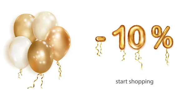 Ilustração Criativa Desconto Com Balões Voadores Hélio Branco Dourado Números — Vetor de Stock