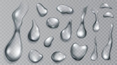 Şeffaf arkaplanda izole edilmiş, çeşitli şekil ve boyutlarda, gri renkte yarı saydam su damlaları. Sadece vektör biçiminde şeffaflık
