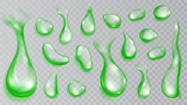 Şeffaf arkaplanda izole edilmiş, çeşitli şekil ve boyutlarda, yeşil renkli, gerçekçi yarı şeffaf su damlaları. Sadece vektör biçiminde şeffaflık