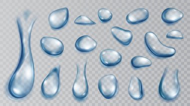 Şeffaf arkaplanda izole edilmiş, çeşitli şekil ve boyutlarda, mavi renkte yarı saydam su damlaları. Sadece vektör biçiminde şeffaflık