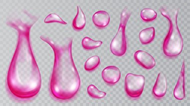 Şeffaf arka planda izole edilmiş, çeşitli şekil ve boyutlarda, mor renkte yarı saydam su damlaları. Sadece vektör biçiminde şeffaflık
