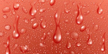 Kırmızı renklerde büyük ve küçük gerçekçi su damlaları ile arkaplan