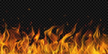 Şeffaf ateş alevleri ve şeffaf arka planda kıvılcımlar. Karanlık illüstrasyonlarda kullanılmak üzere. Sadece vektör biçiminde şeffaflık