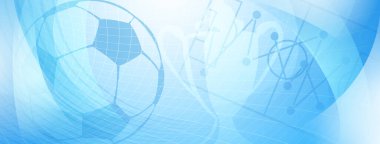 Büyük top ve açık mavi renkli diğer futbol sembollerinin olduğu bir futbol temasının soyut arkaplanı