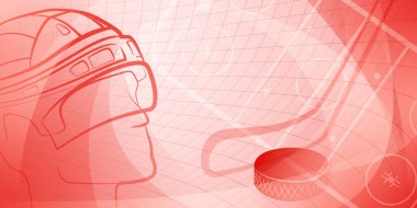 Pak, sopa, kask, buz pateni pisti gibi hokey sembolleri içeren açık kırmızı renklerde soyut arkaplan