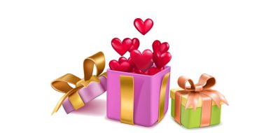 Sevgililer Günü illüstrasyonunda renkli hediye kutuları, kurdeleli kurdeleler ve beyaz arka planda bir sürü kırmızı kalp açık kutudan uçuyor.