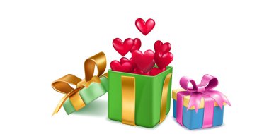 Sevgililer Günü illüstrasyonunda renkli hediye kutuları, kurdeleli kurdeleler ve beyaz arka planda bir sürü kırmızı kalp açık kutudan uçuyor.